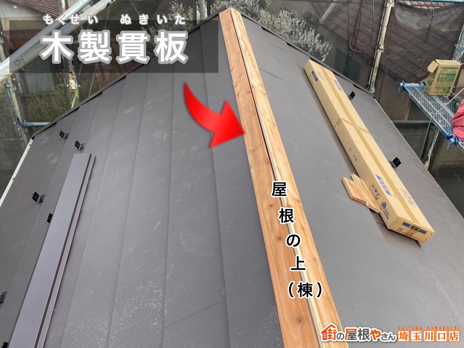 屋根の上(棟)　木製貫板